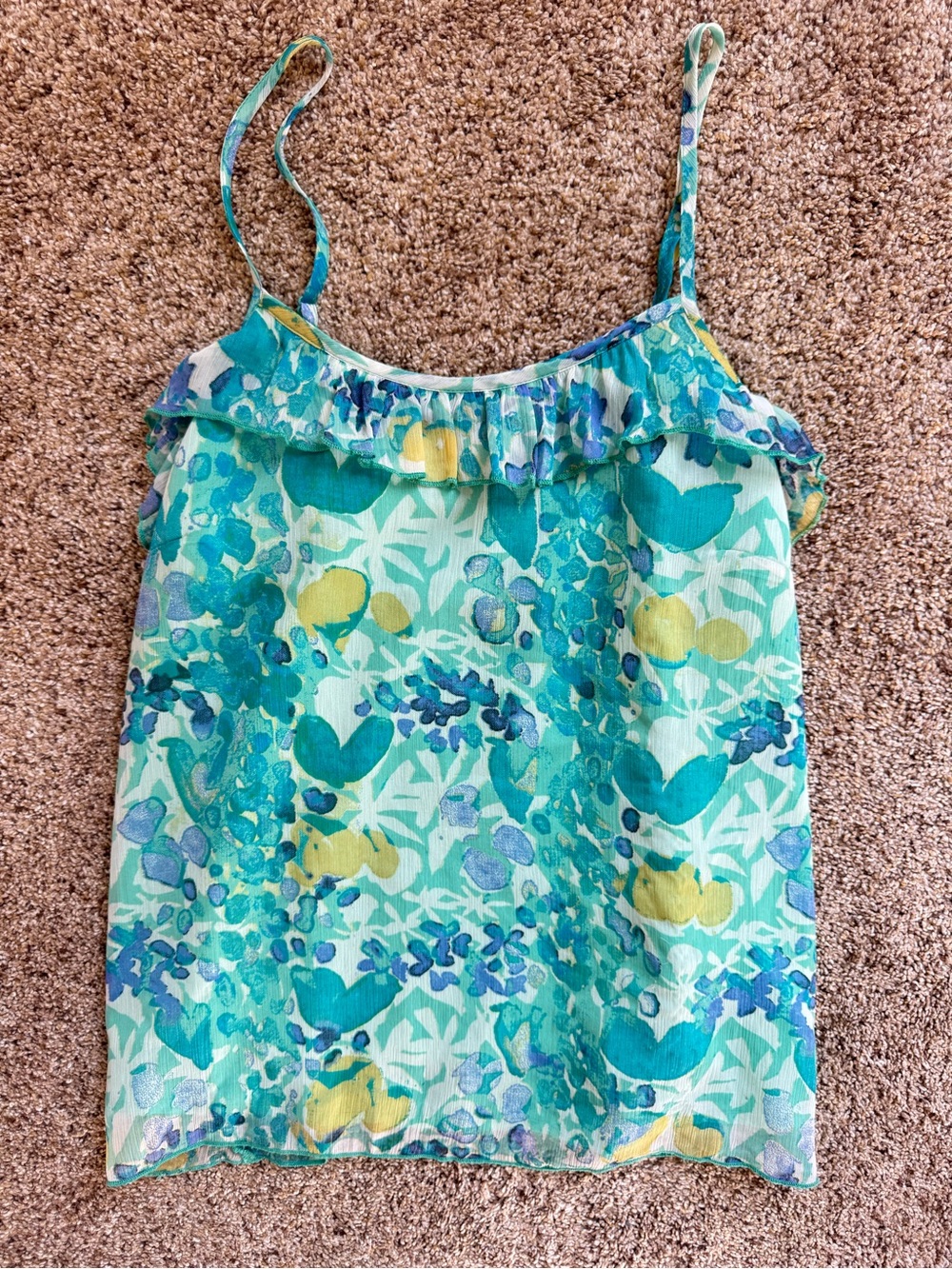 Vintage Jessica Simpson Teal Floral Ruffle Blouse Tank Top